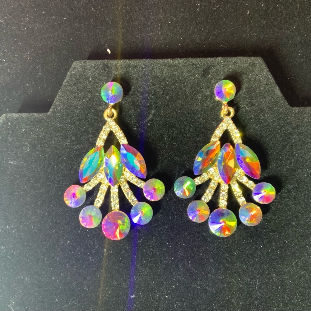 Amazing Blue Iridescent Rainbow Chandelier Dangle Earrings Prom, Pagent, Party
